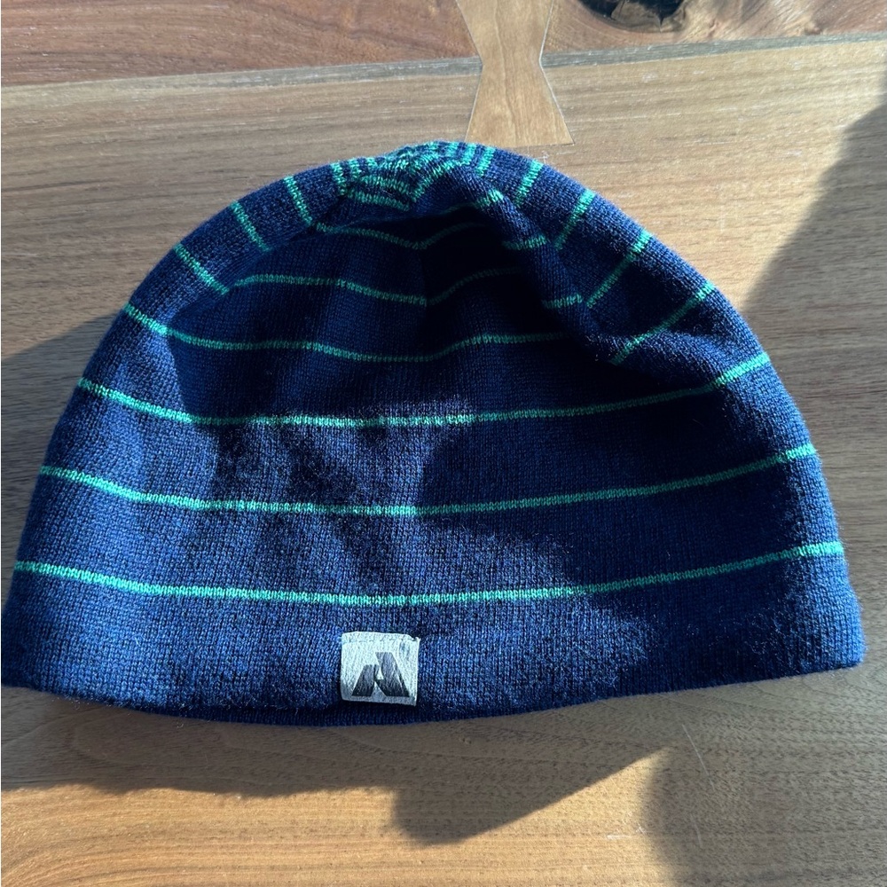 First Assent Eddie Bauer Navy and Green Striped Beanie